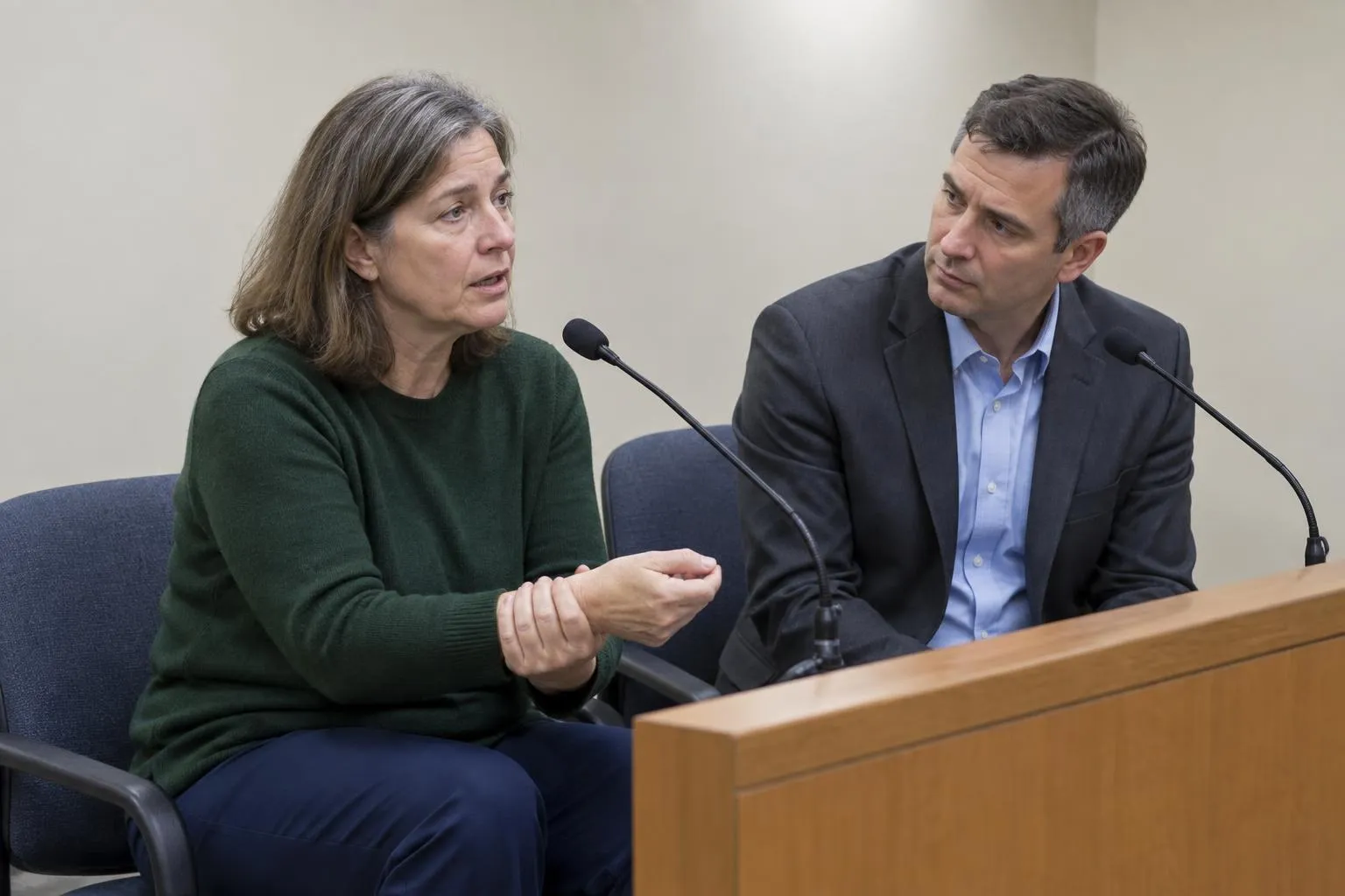An in-person court interpreter watches a witness demonstrate a wrist restraint while giving asylum testimony.